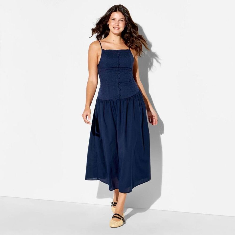 Women's High Neck Dropped Waist Midi A-Line Dress - Wild Fable Navy Blue XXS
